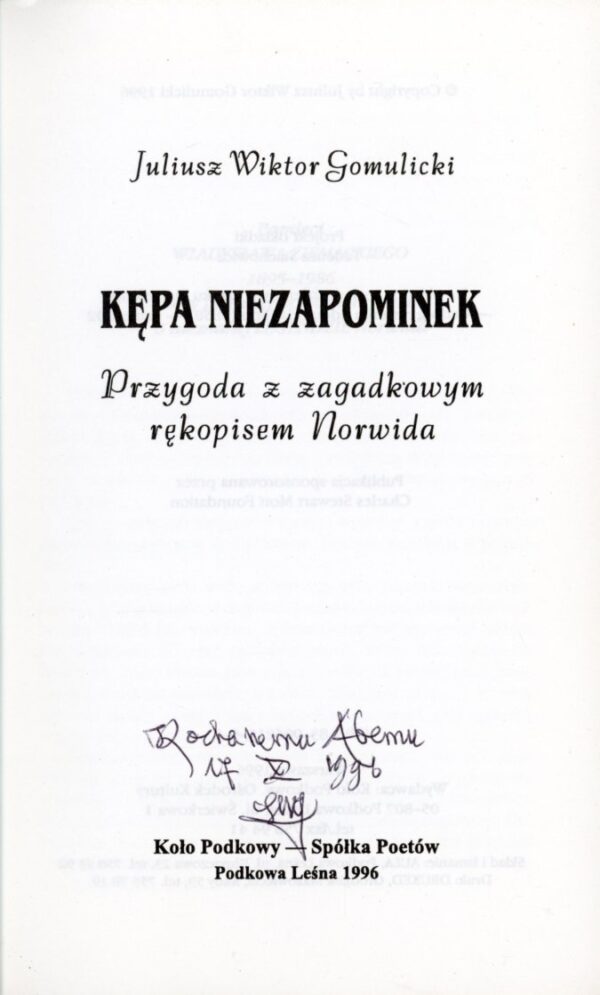 autograf Juliusza Wiktora Gomulickiego w książce KĘPA NIEZAPOMINEK